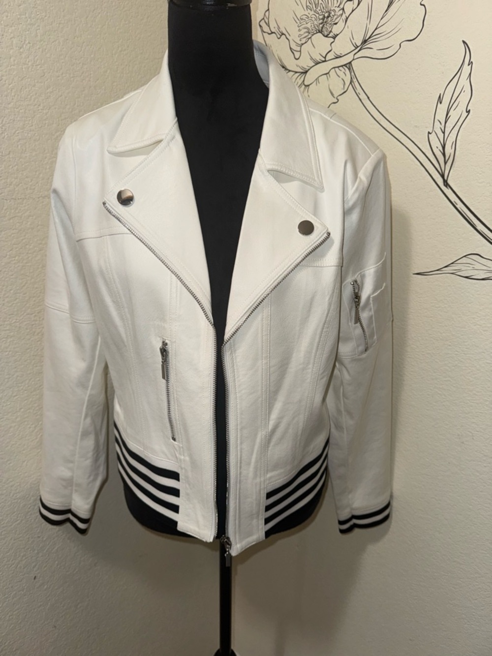 Insight White Moto Bomber Jacket with Black Stripe Trim
